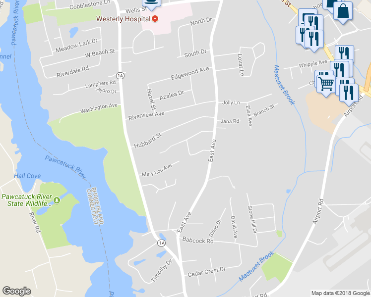 map of restaurants, bars, coffee shops, grocery stores, and more near 18 Pickering Drive in Westerly
