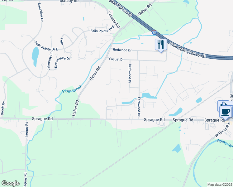map of restaurants, bars, coffee shops, grocery stores, and more near 9574 Ponderosa Lane in Olmsted Falls