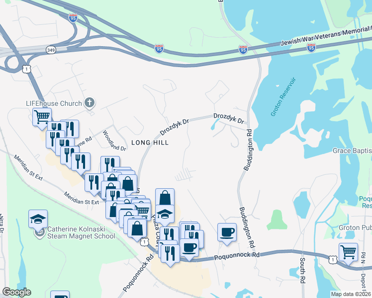 map of restaurants, bars, coffee shops, grocery stores, and more near Michelle Lane in Groton