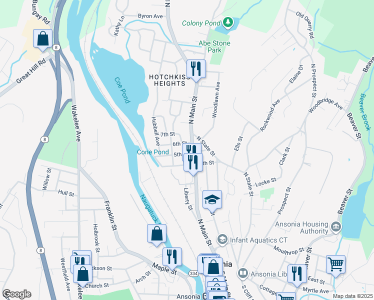 map of restaurants, bars, coffee shops, grocery stores, and more near 195 North Main Street in Ansonia