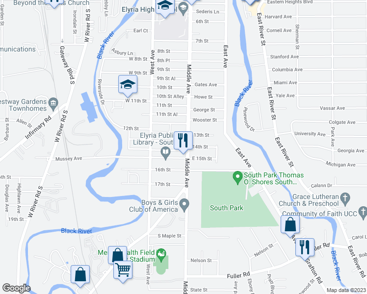 map of restaurants, bars, coffee shops, grocery stores, and more near 1309 Middle Avenue in Elyria