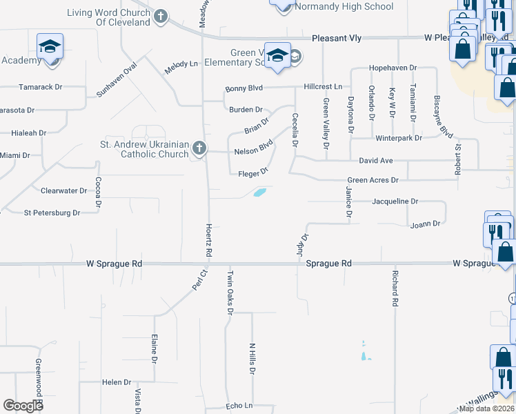 map of restaurants, bars, coffee shops, grocery stores, and more near 7799 Hoertz Road in Parma
