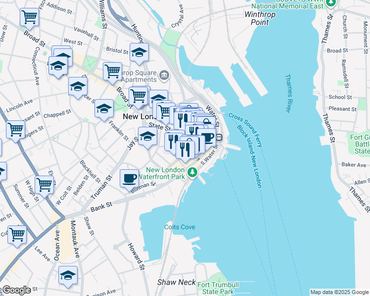 map of restaurants, bars, coffee shops, grocery stores, and more near 86 Golden Street in New London