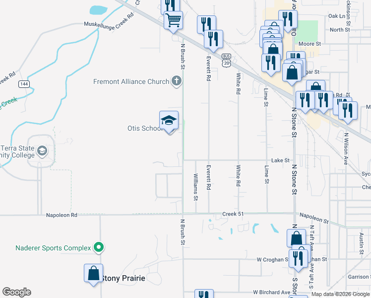 map of restaurants, bars, coffee shops, grocery stores, and more near 619 North Brush Street in Fremont