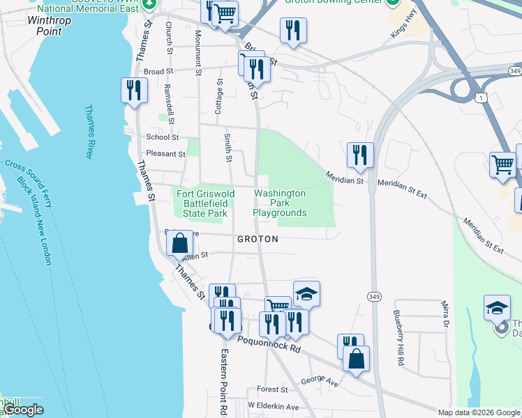 map of restaurants, bars, coffee shops, grocery stores, and more near 136 Mitchell Street in Groton