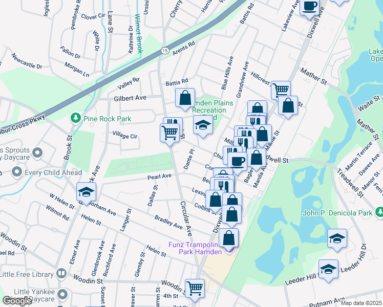 map of restaurants, bars, coffee shops, grocery stores, and more near 48 Dante Place in Hamden