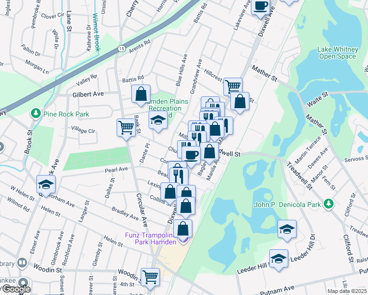 map of restaurants, bars, coffee shops, grocery stores, and more near 29 Church Street in Hamden