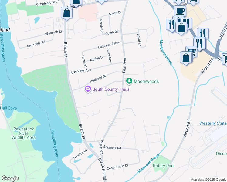 map of restaurants, bars, coffee shops, grocery stores, and more near 7 Pickering Drive in Westerly