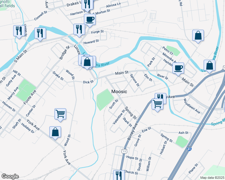 map of restaurants, bars, coffee shops, grocery stores, and more near 214 Spring Street in Moosic