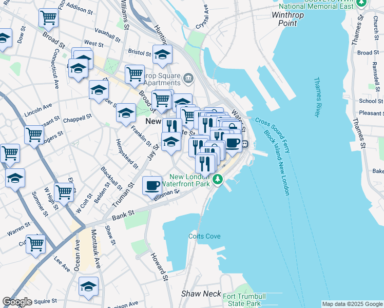 map of restaurants, bars, coffee shops, grocery stores, and more near 6 Union Street in New London