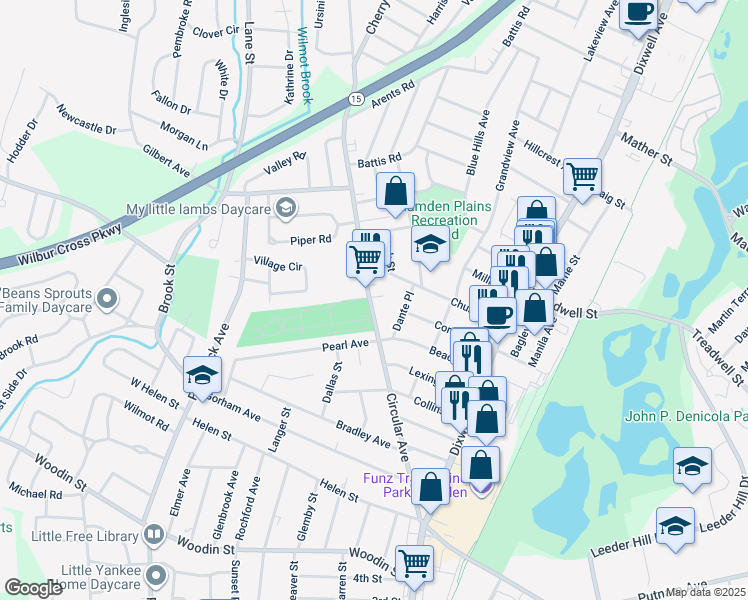 map of restaurants, bars, coffee shops, grocery stores, and more near 265 Circular Avenue in Hamden