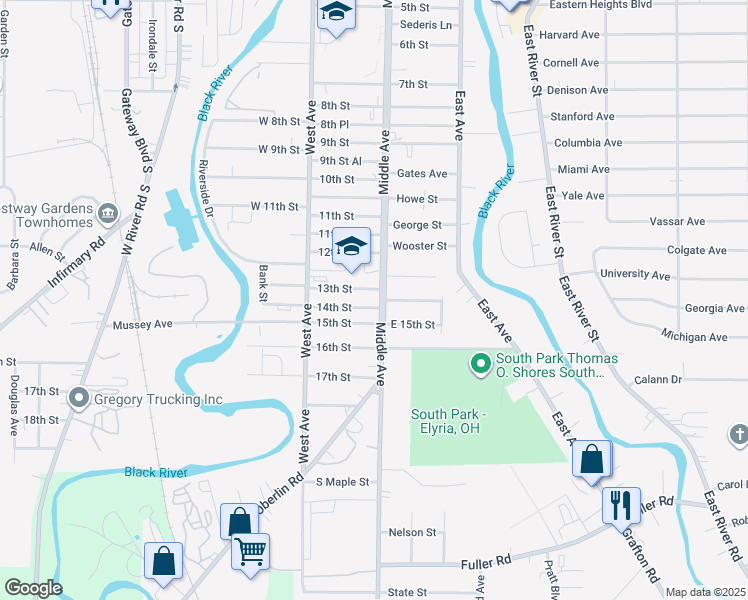map of restaurants, bars, coffee shops, grocery stores, and more near 320 13th Street in Elyria