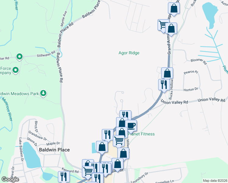 map of restaurants, bars, coffee shops, grocery stores, and more near 83 Jonathan Drive in Mahopac