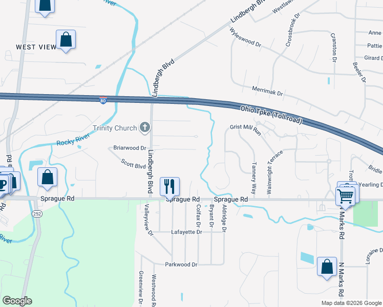 map of restaurants, bars, coffee shops, grocery stores, and more near 24101 Briarpatch Drive in Olmsted Falls