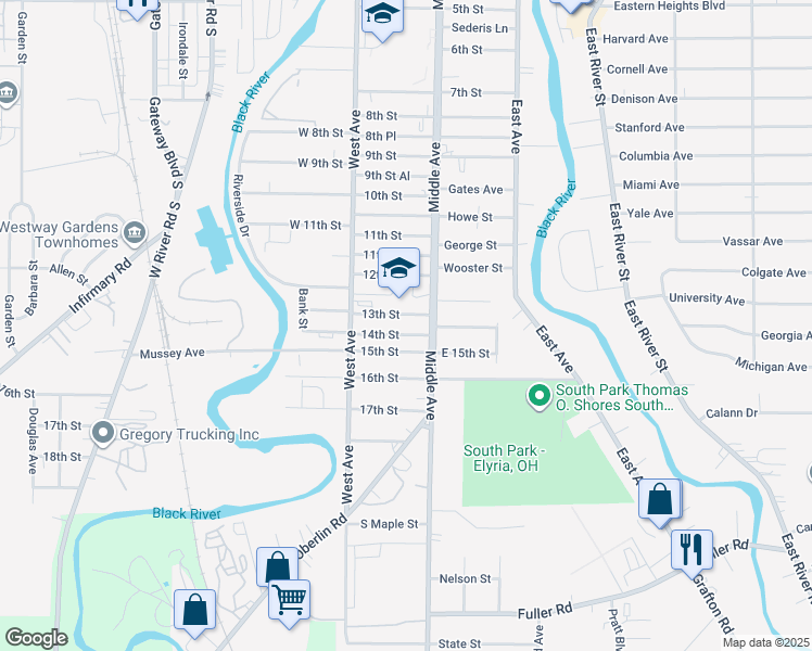 map of restaurants, bars, coffee shops, grocery stores, and more near 320 13th Street in Elyria