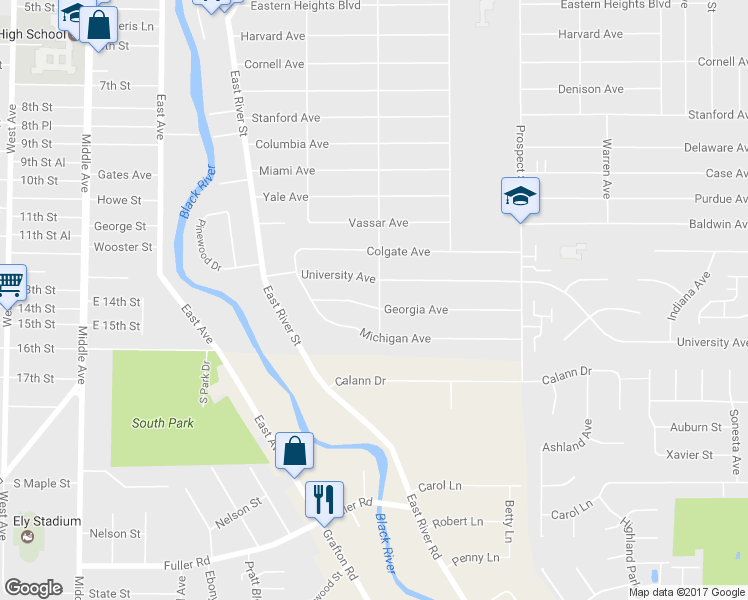 map of restaurants, bars, coffee shops, grocery stores, and more near 254 Georgia Ave in Elyria