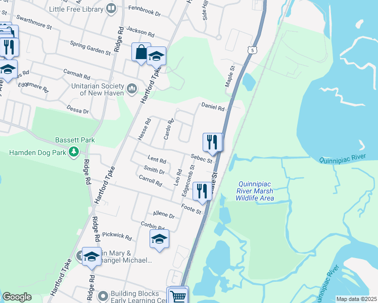 map of restaurants, bars, coffee shops, grocery stores, and more near 69 Sebec Street in Hamden