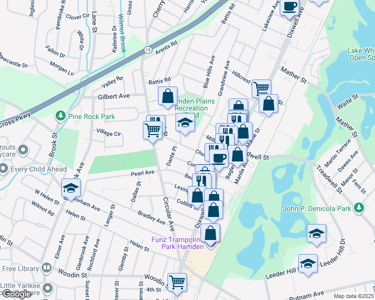 map of restaurants, bars, coffee shops, grocery stores, and more near 84 Church Street in Hamden