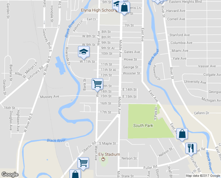 map of restaurants, bars, coffee shops, grocery stores, and more near 326 13th Street in Elyria