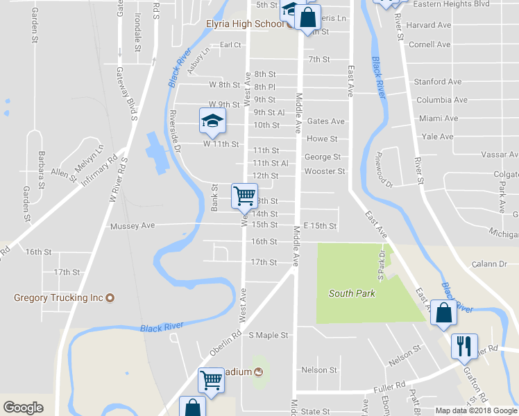 map of restaurants, bars, coffee shops, grocery stores, and more near 350 13th Street in Elyria