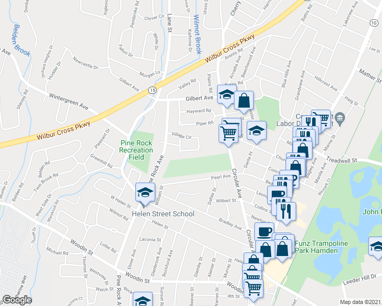 map of restaurants, bars, coffee shops, grocery stores, and more near 23 Village Circle in Hamden