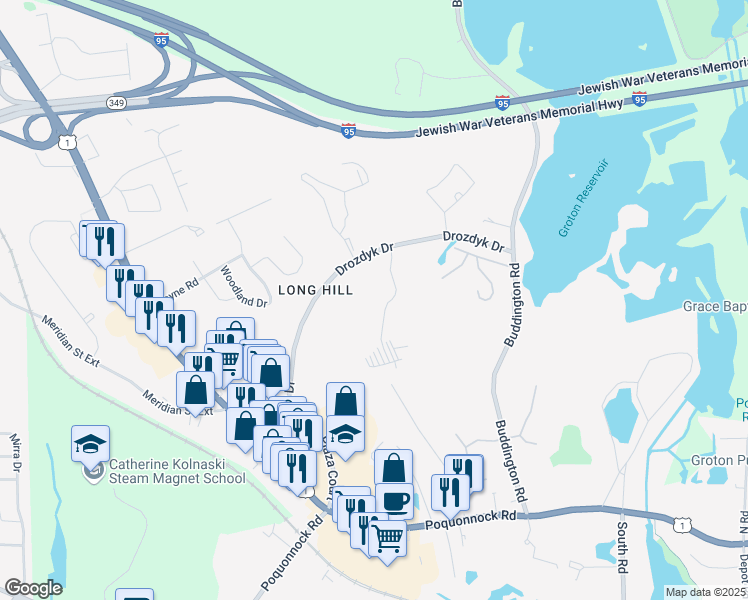 map of restaurants, bars, coffee shops, grocery stores, and more near 305 Michelle Lane in Groton