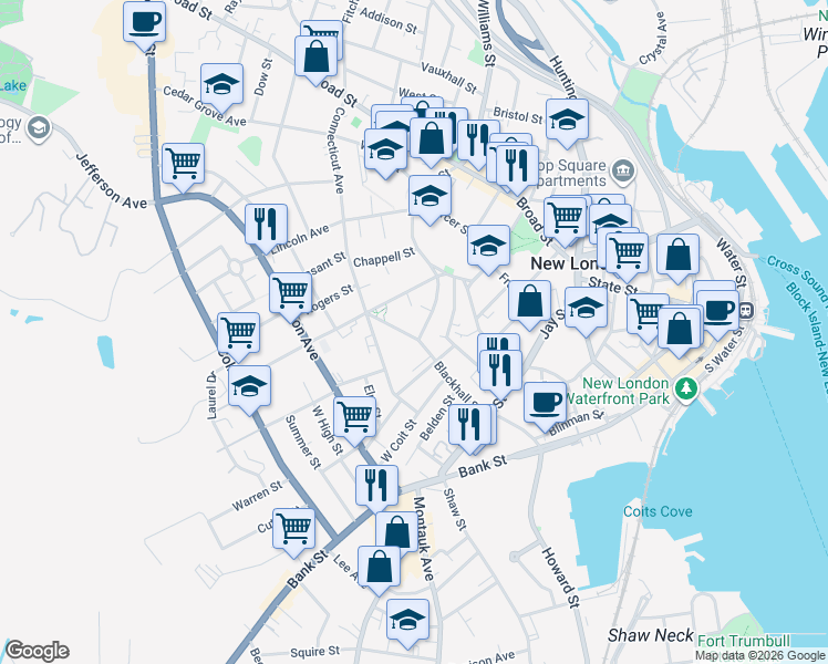 map of restaurants, bars, coffee shops, grocery stores, and more near 106 Blackhall Street in New London