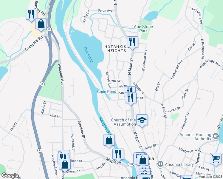 map of restaurants, bars, coffee shops, grocery stores, and more near 2 6th Street in Ansonia