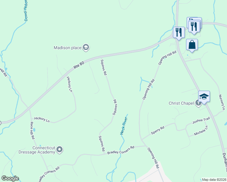 map of restaurants, bars, coffee shops, grocery stores, and more near 106 Squires Road in Madison