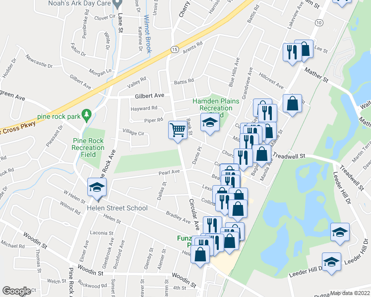 map of restaurants, bars, coffee shops, grocery stores, and more near 265 Circular Avenue in Hamden
