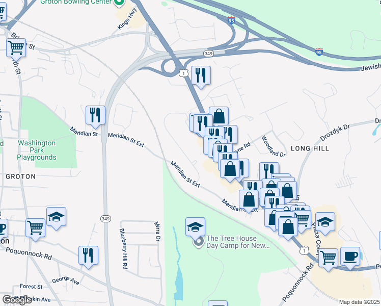 map of restaurants, bars, coffee shops, grocery stores, and more near 600 Meridian Street Extension in Groton