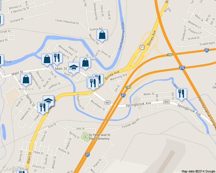 map of restaurants, bars, coffee shops, grocery stores, and more near 22 Short St in Moosic