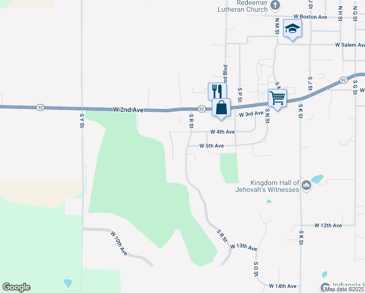 map of restaurants, bars, coffee shops, grocery stores, and more near 801 South R Street in Indianola