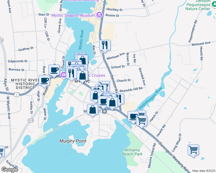 map of restaurants, bars, coffee shops, grocery stores, and more near 36 Church Street in Stonington