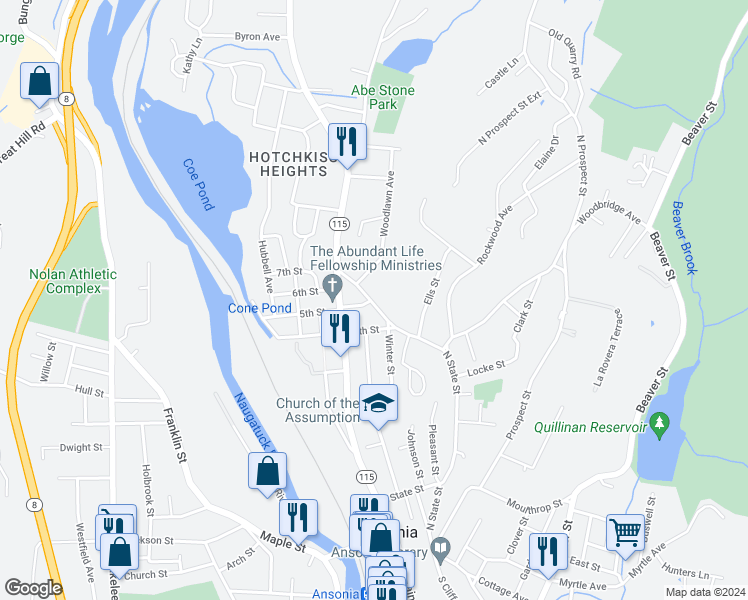 map of restaurants, bars, coffee shops, grocery stores, and more near 250 North State Street in Ansonia