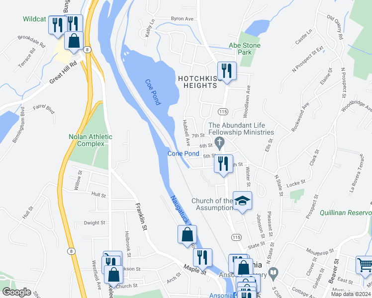 map of restaurants, bars, coffee shops, grocery stores, and more near 34 North 4th Street in Ansonia