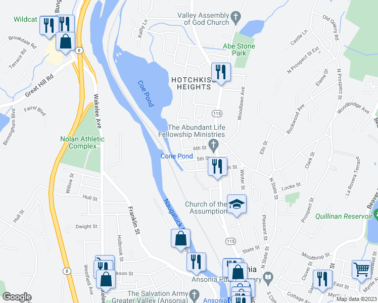 map of restaurants, bars, coffee shops, grocery stores, and more near 10 6th Street in Ansonia