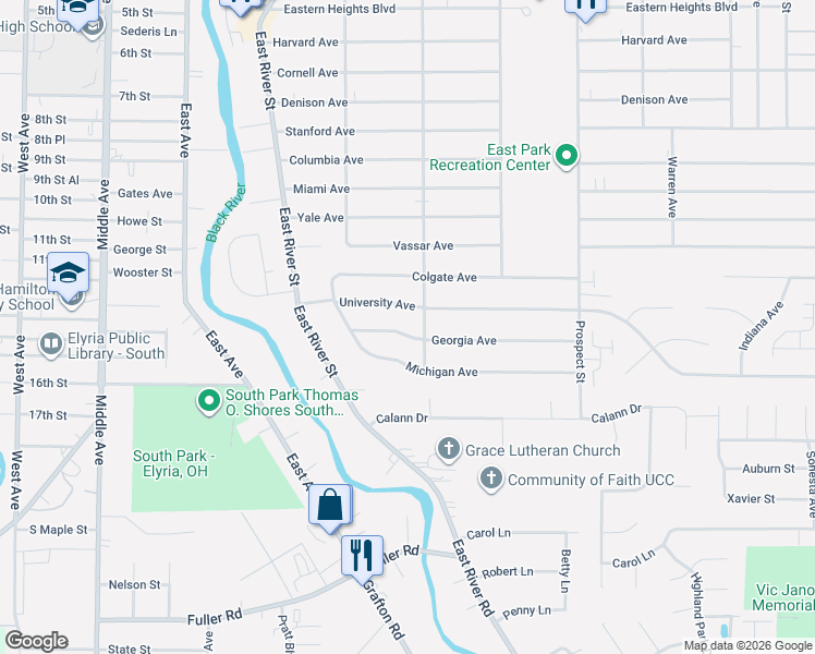 map of restaurants, bars, coffee shops, grocery stores, and more near 254 Georgia Avenue in Elyria