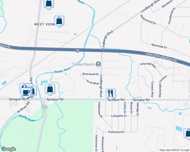 map of restaurants, bars, coffee shops, grocery stores, and more near 24495 Briarwood Drive in Olmsted Falls
