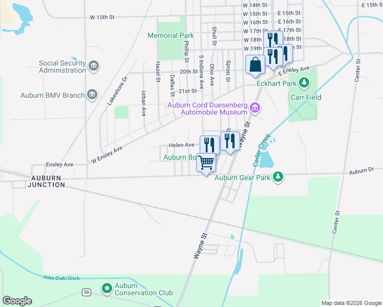 map of restaurants, bars, coffee shops, grocery stores, and more near 1805 South Indiana Avenue in Auburn