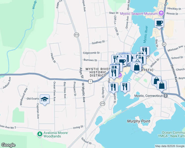 map of restaurants, bars, coffee shops, grocery stores, and more near 75 Library Street in Groton