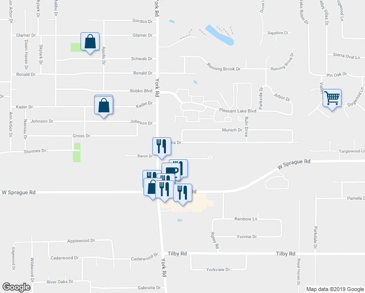 map of restaurants, bars, coffee shops, grocery stores, and more near 10303 Vienna Drive in Parma