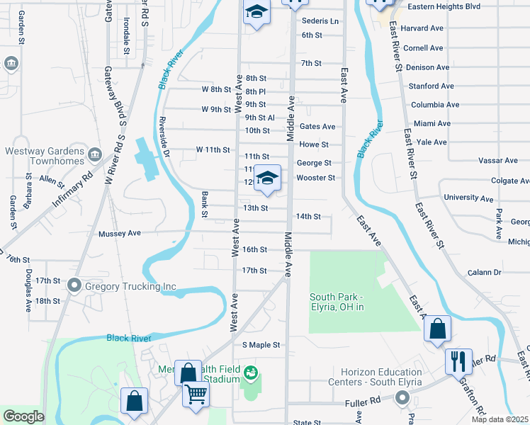 map of restaurants, bars, coffee shops, grocery stores, and more near 330 13th Street in Elyria