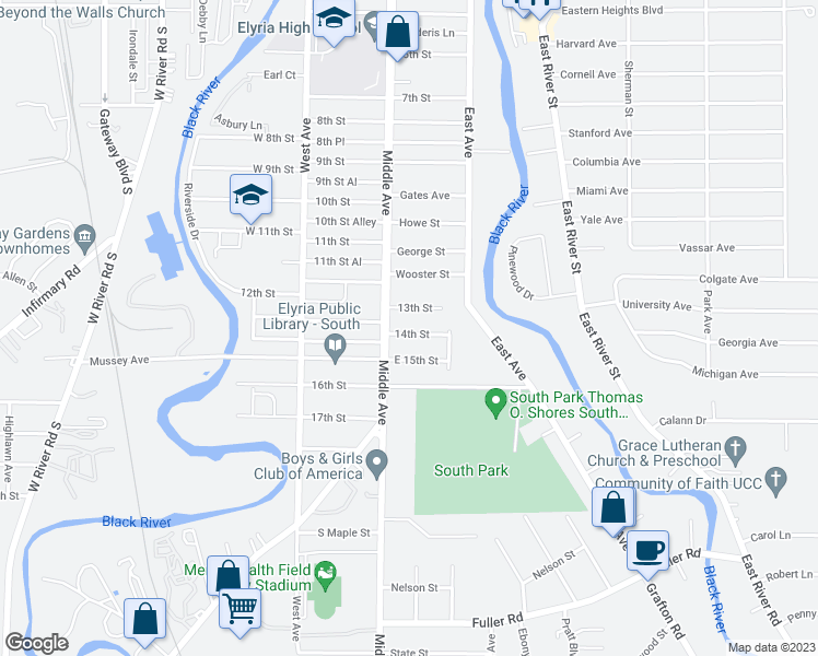 map of restaurants, bars, coffee shops, grocery stores, and more near 223 14th Street in Elyria
