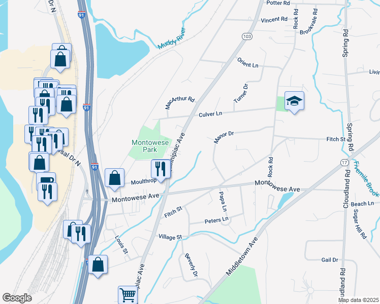 map of restaurants, bars, coffee shops, grocery stores, and more near 291 Quinnipiac Avenue in North Haven