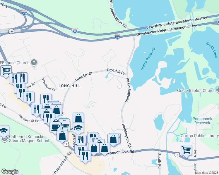 map of restaurants, bars, coffee shops, grocery stores, and more near 217 Buddington Rd in Groton