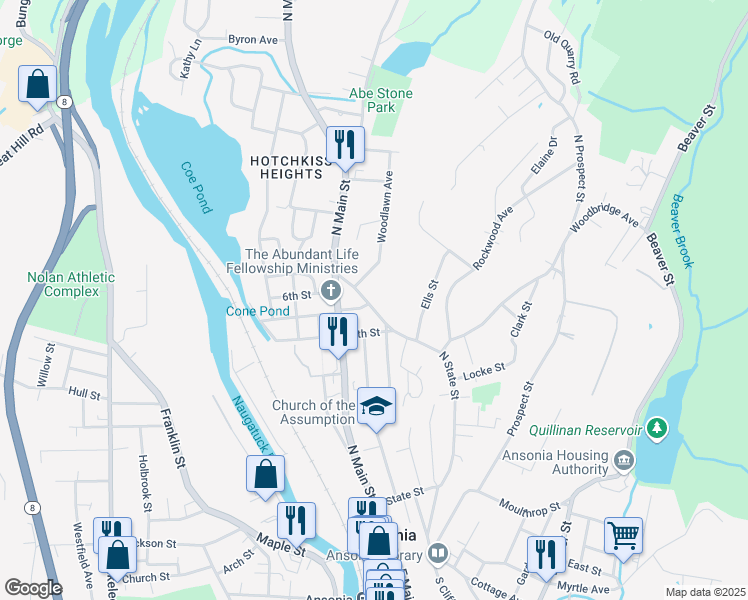 map of restaurants, bars, coffee shops, grocery stores, and more near 252 North State Street in Ansonia