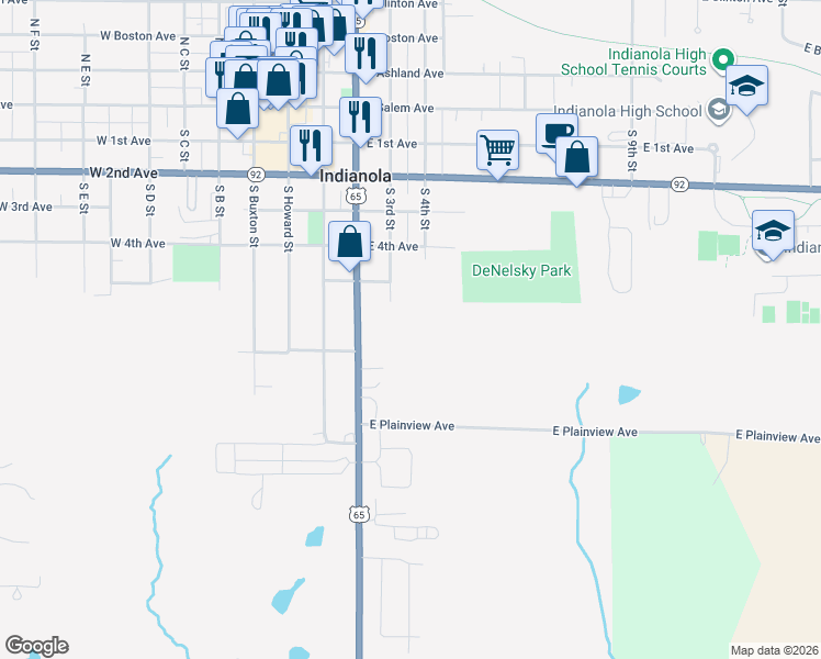 map of restaurants, bars, coffee shops, grocery stores, and more near 710 South Jefferson Way in Indianola