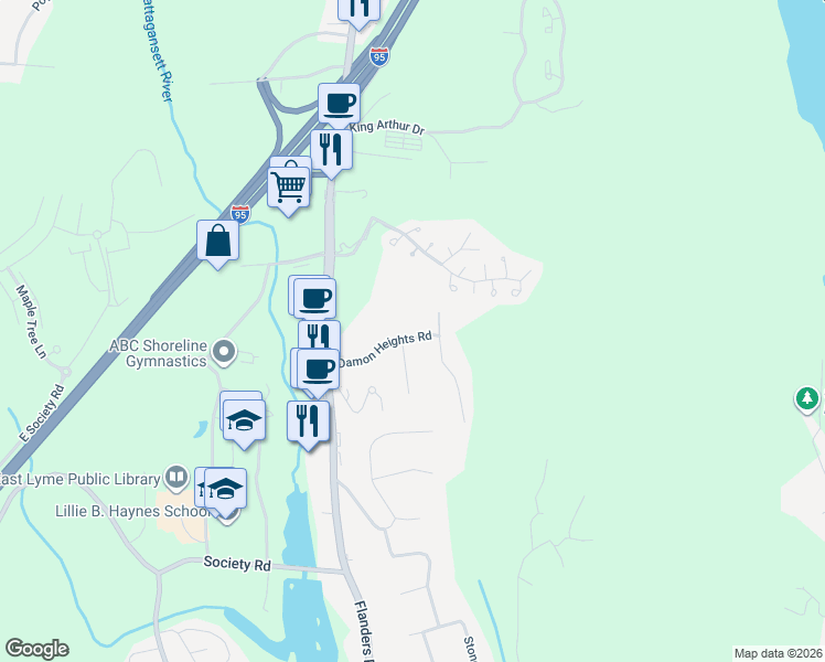map of restaurants, bars, coffee shops, grocery stores, and more near 23 Damon Heights Road in East Lyme