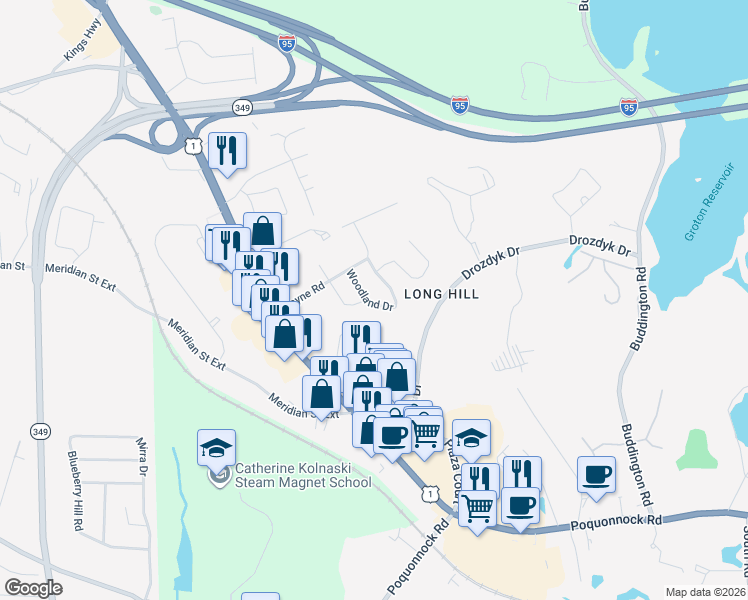 map of restaurants, bars, coffee shops, grocery stores, and more near 13 Woodland Drive in Groton